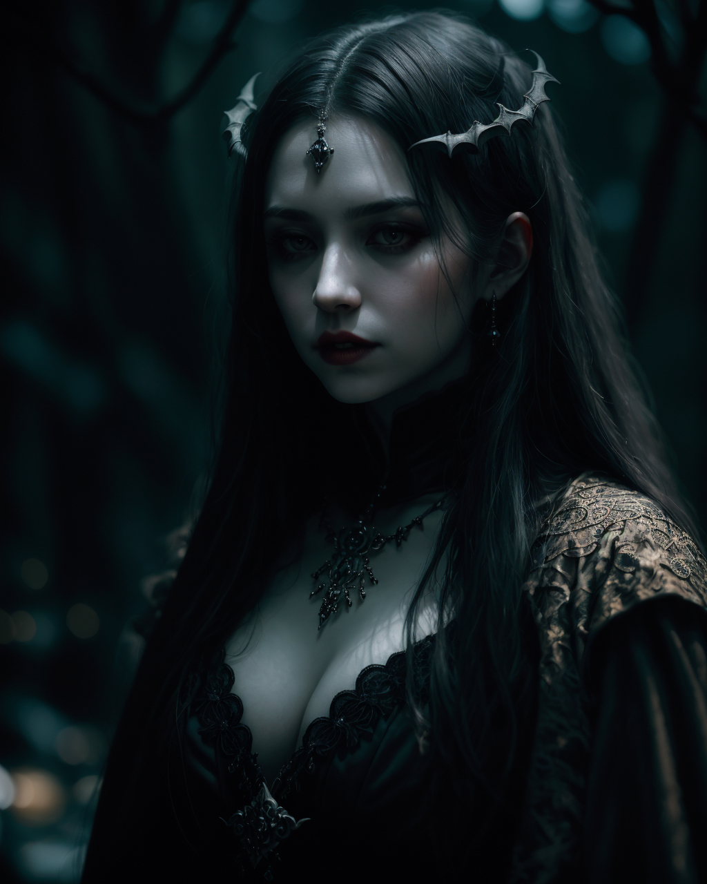 Vampire Queen, backlit, intricate details, highly detailed, slate atmosphere, cinematic, dimmed colors, dark shot, muted c...